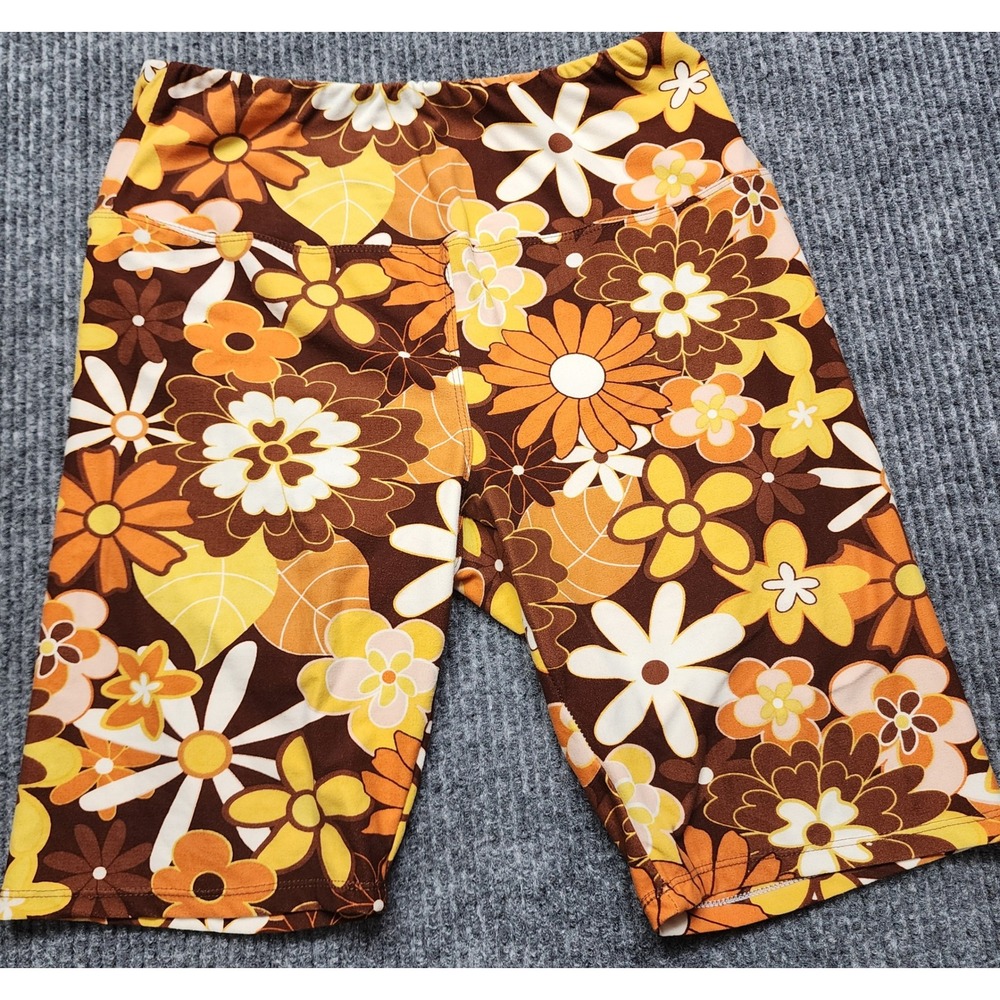 KYOYO Retro 70s Floral Biker Shorts Brown Orange Yellow‎ High Waist Medium